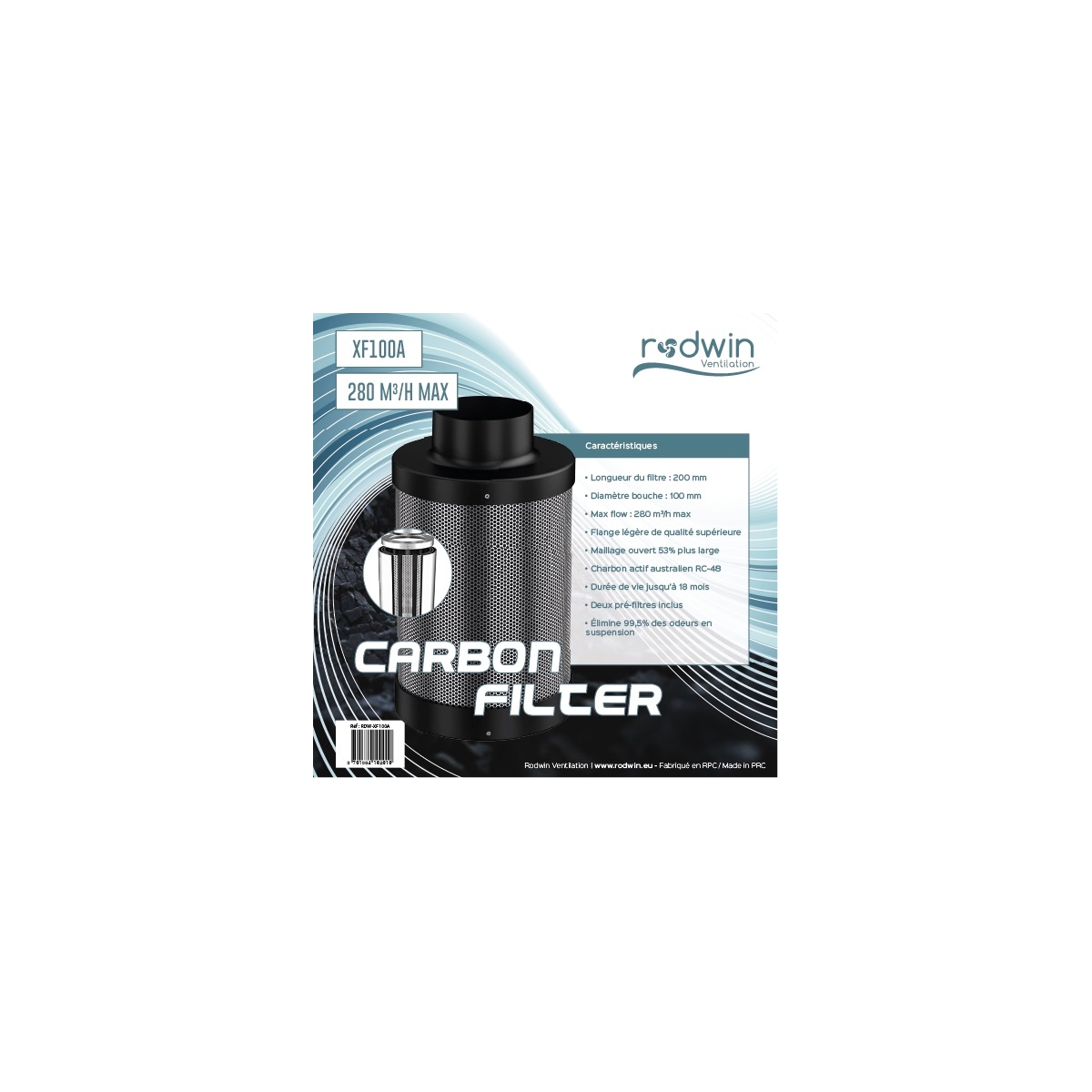 FILTRE A CHARBON - filtre RODWIN 480m3/h - Diam 125mm